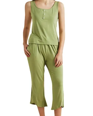 Bamboo Sleeveless Pyjamas Loungewear with Cropped Trousers - Lime