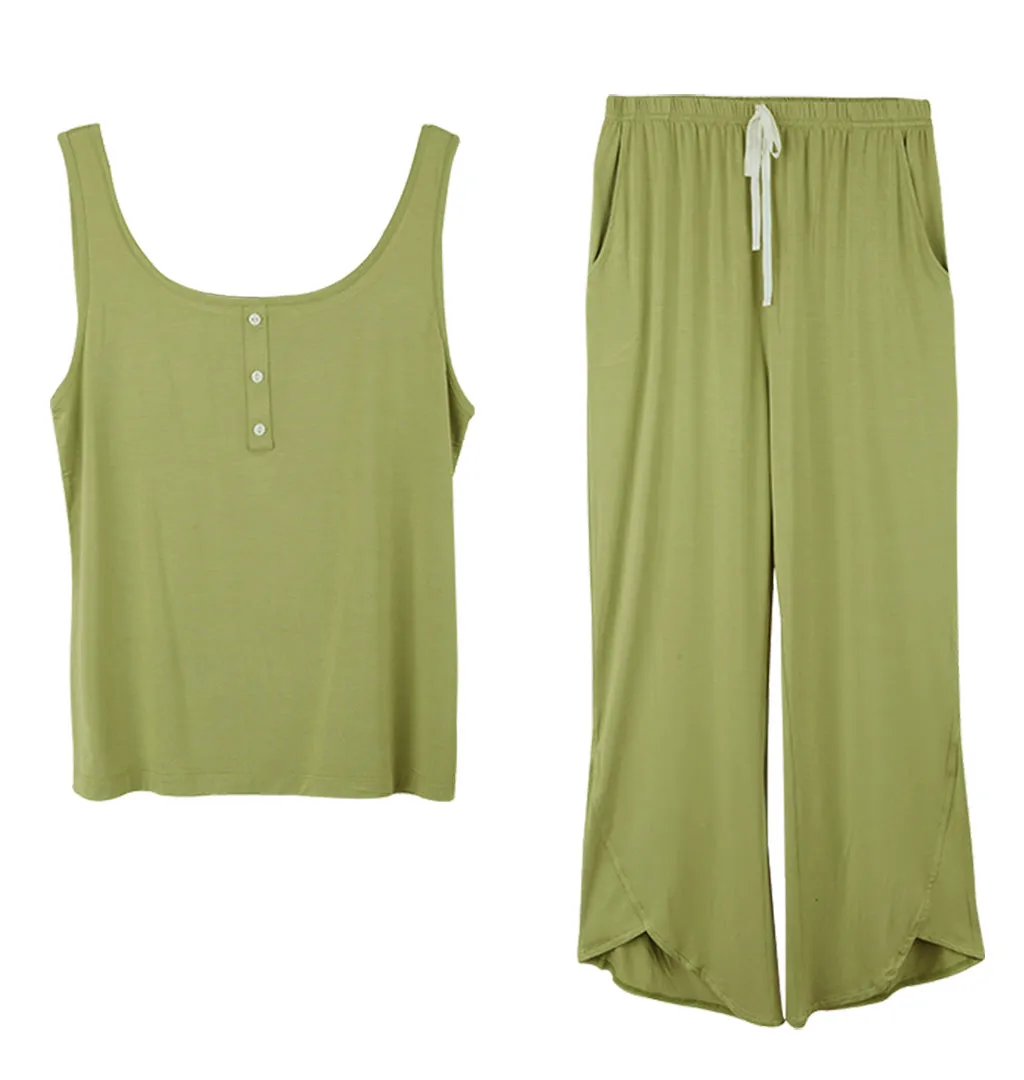 Bamboo Sleeveless Pyjamas Loungewear with Cropped Trousers - Lime