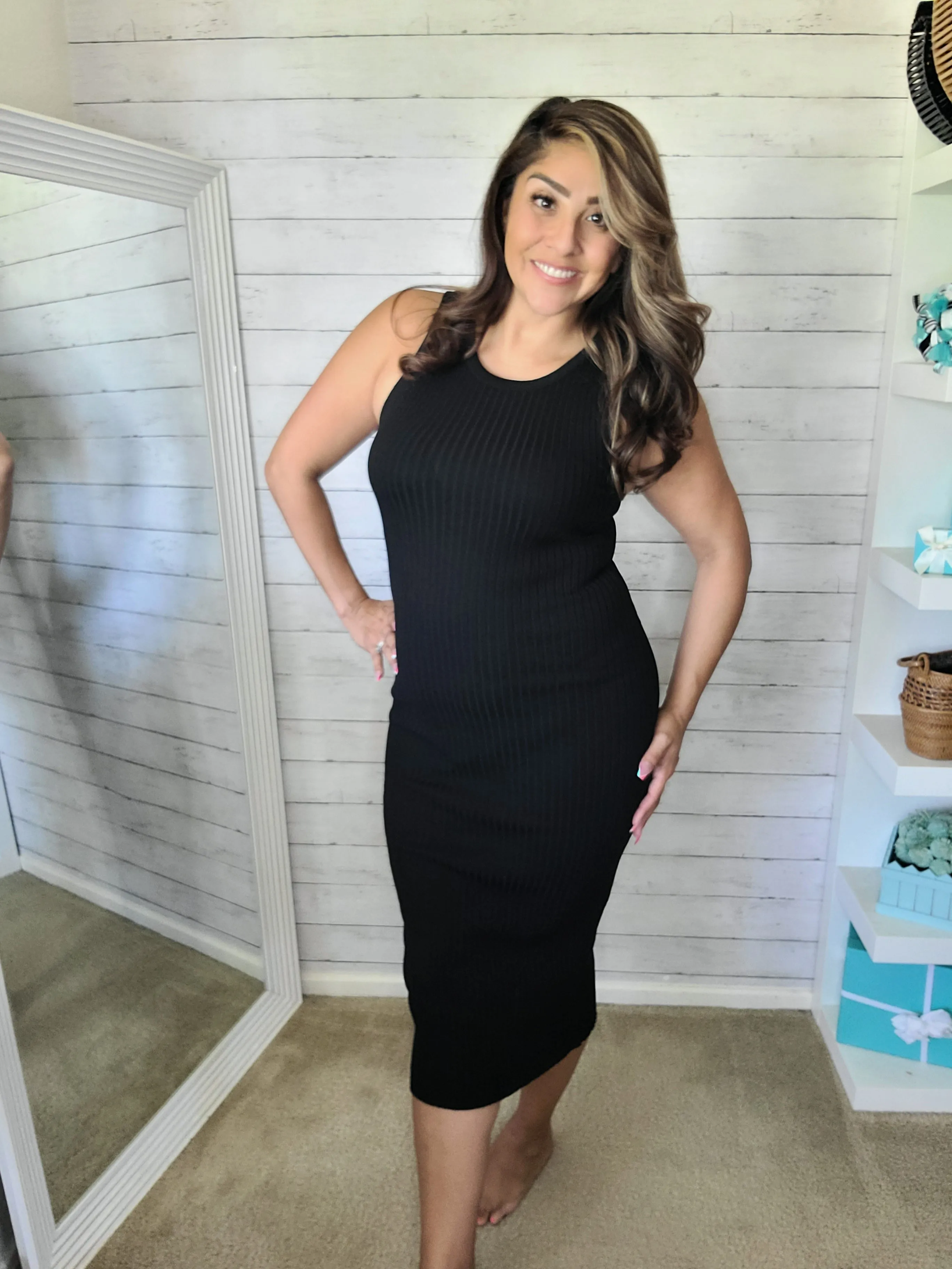 Black Ribbed Sleeveless Midi Dress