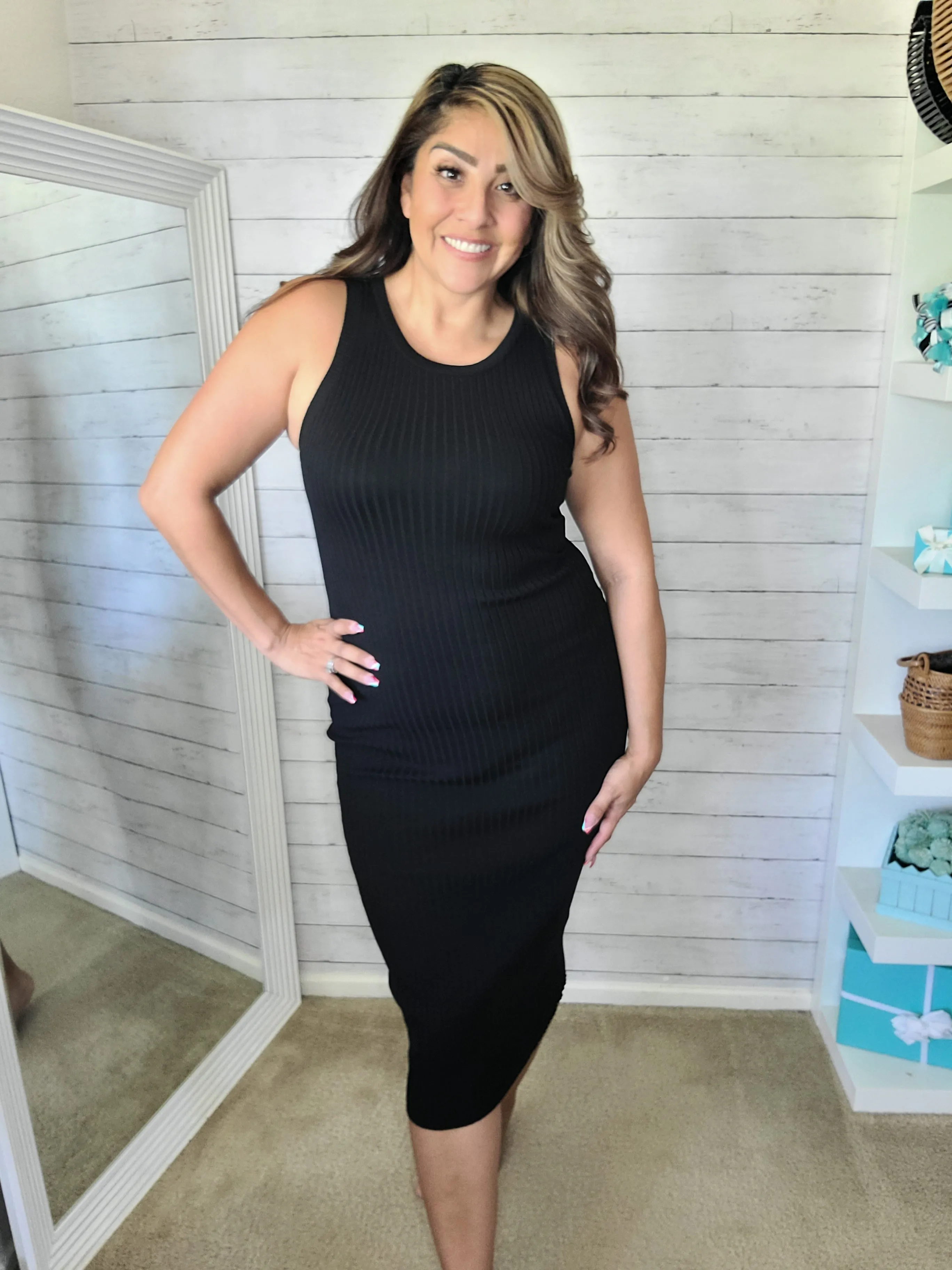 Black Ribbed Sleeveless Midi Dress