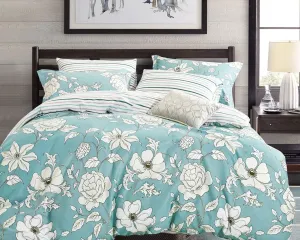 Blue Floral 100% Cotton Bedding Set: Duvet Cover and Pillow Shams