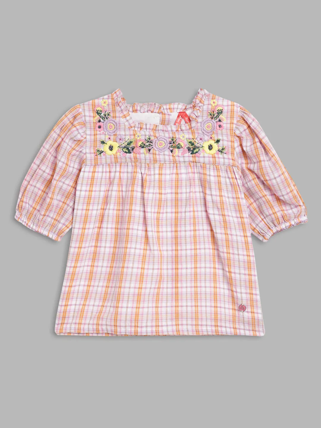 Blue Giraffe Girls Yellow Checked Square Neck Top