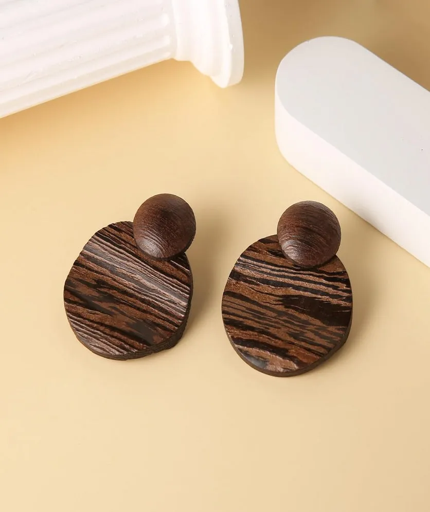 Bohemian Natural Wood Earrings Stud Lightweight Round