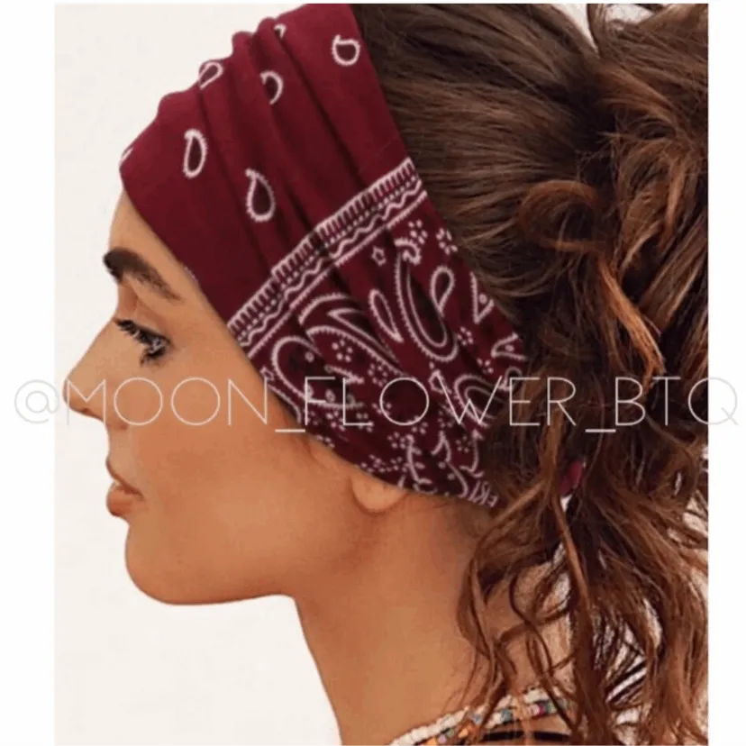 Burgundy Paisley Print Turban Headband Ear Warmer