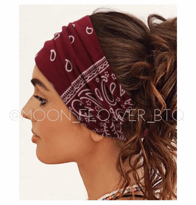 Burgundy Paisley Print Turban Headband Ear Warmer