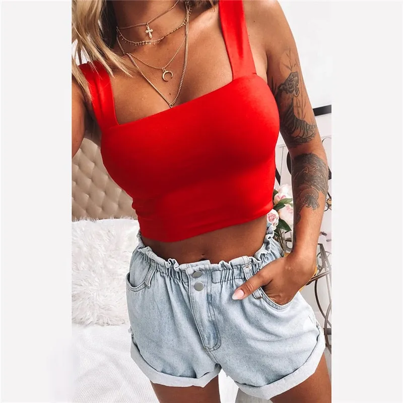 Cotton Sleeveless Off Shoulder Backless Square Neck Tank Top