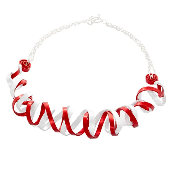 Curled Wave Abstract Statement Necklace in Silver and Red