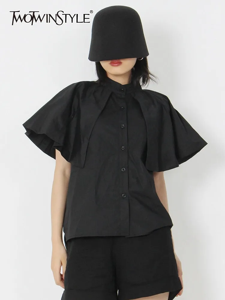 deanwangkt Straight Shirt For Women Lapel Short Sleeve Ruffle Trim Solid Loose Blouses Female Summer Clothing Style New