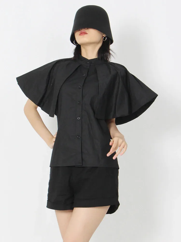 deanwangkt Straight Shirt For Women Lapel Short Sleeve Ruffle Trim Solid Loose Blouses Female Summer Clothing Style New