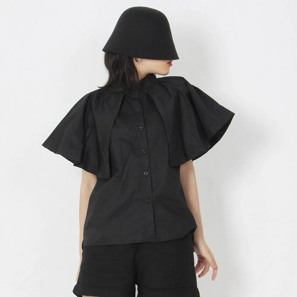 deanwangkt Straight Shirt For Women Lapel Short Sleeve Ruffle Trim Solid Loose Blouses Female Summer Clothing Style New