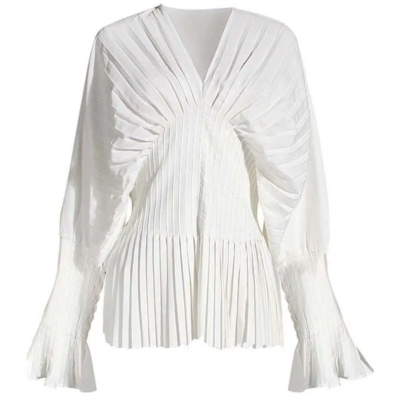 deanwangkt Women White Pleated Split Big Size Long Blouse New V-collar Long Sleeve Loose Fit Shirt Fashion Spring Summer  1W326