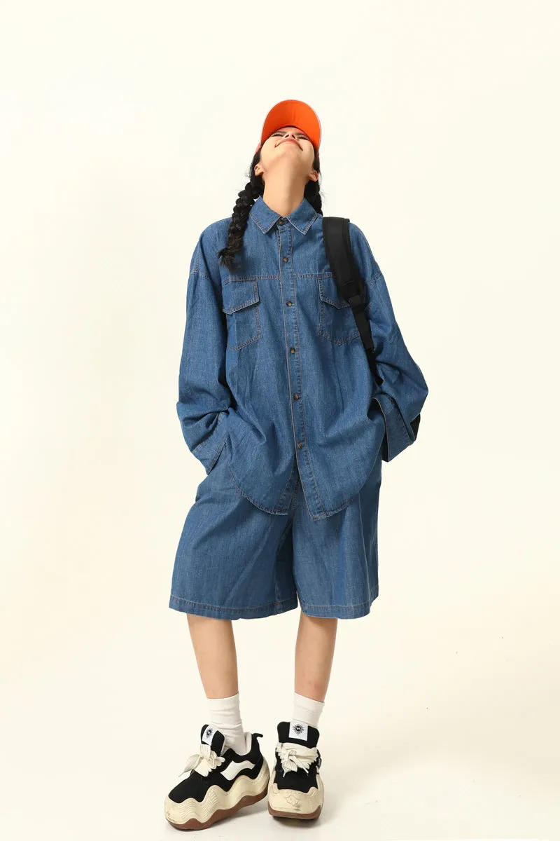 Denim Suit Casual Long Sleeve Shirt and Shorts