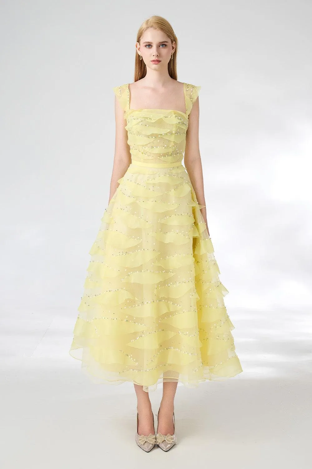 Dillon Fit and Flare Square Neck Organza Midi Dress