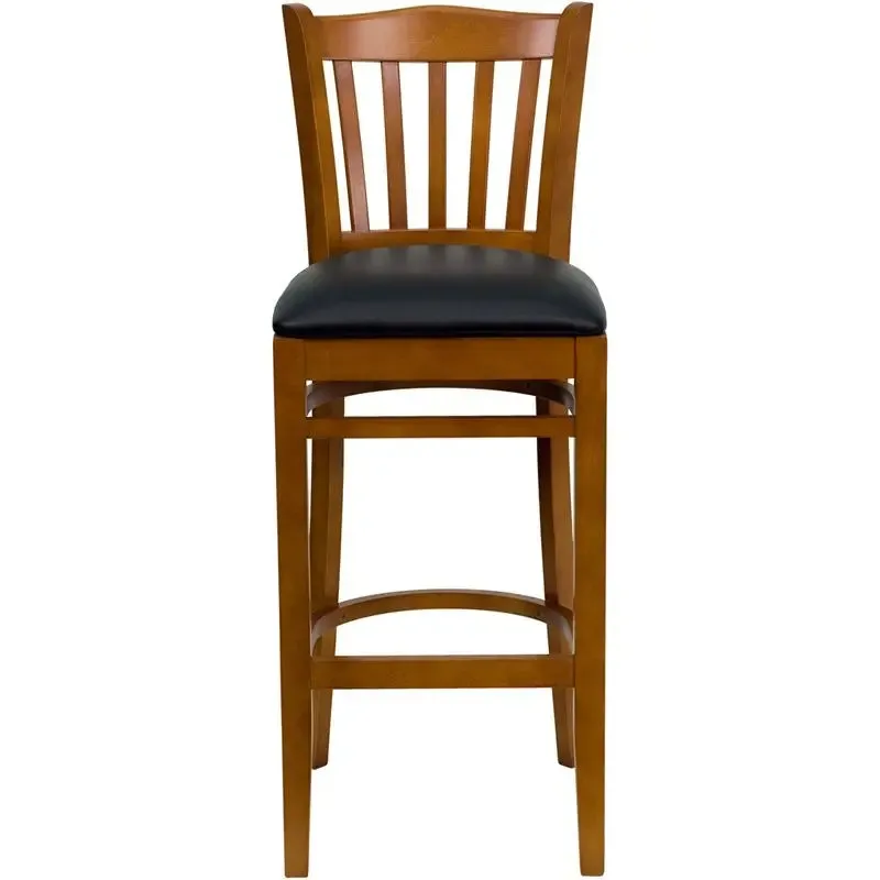 Dyersburg 31"H Wood Barstool Vertical Slat Back Cherry, Black Vinyl Seat