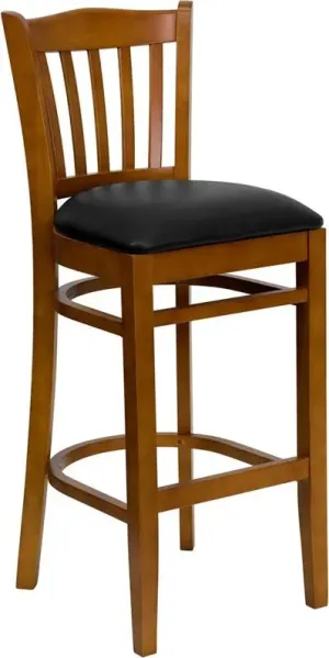 Dyersburg 31"H Wood Barstool Vertical Slat Back Cherry, Black Vinyl Seat