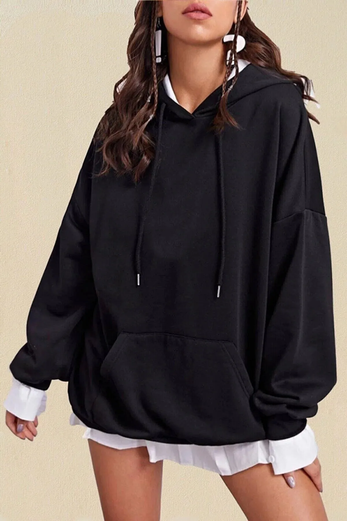 Eldemir Women's Plain Black Hooded Oversize Cotton Sweatshirt