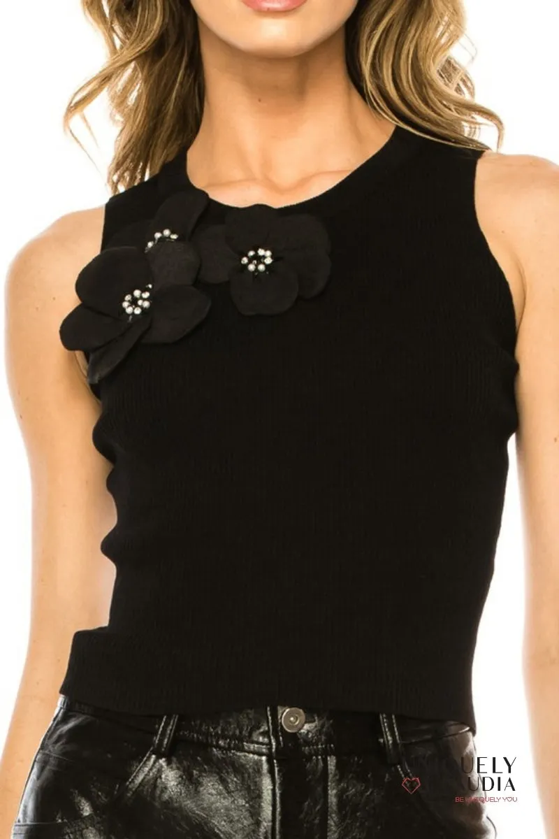 Evalin Flower Embellished Ribbed Tank