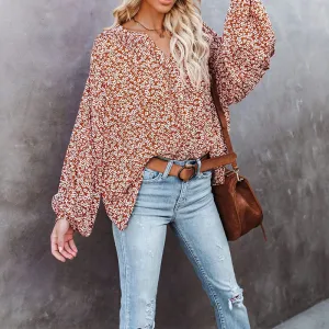 Fashion casual floral long sleeve V-neck loose casual shirt