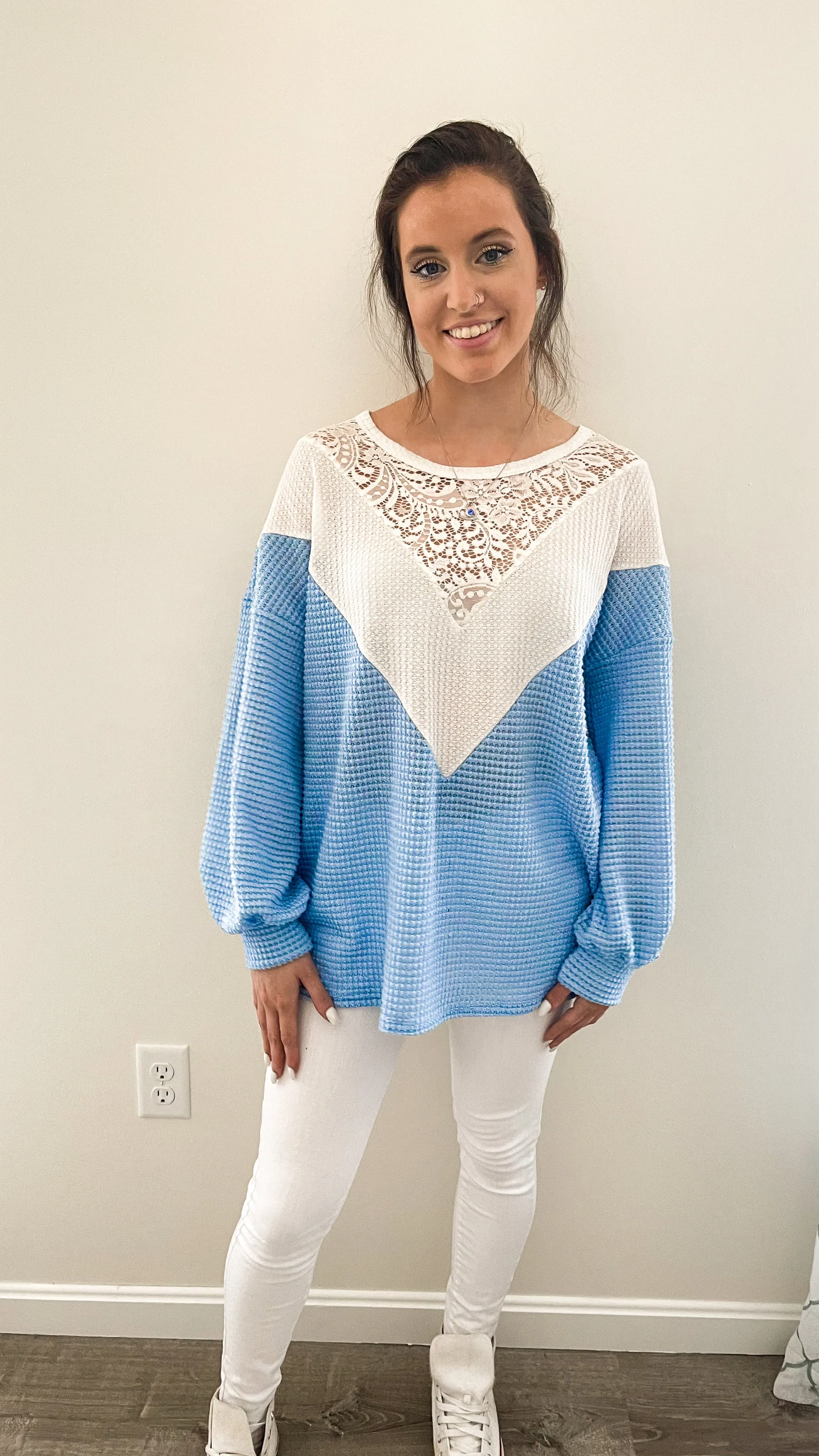 Forget-Me-Not Waffle Knit With Lace Details