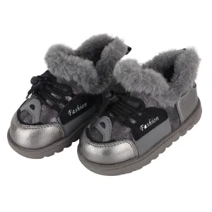 Gray Fur Lace Up Velcro Shoes