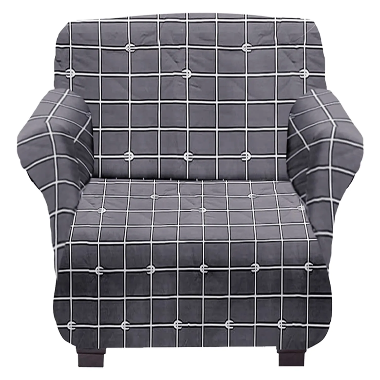 Kuber Industries Check Printed Stretchable, Non-Slip Polyster 1 & 3 Seater Sofa Cover & Chair Cover Set, Set of 3 (Grey)-50KM01451