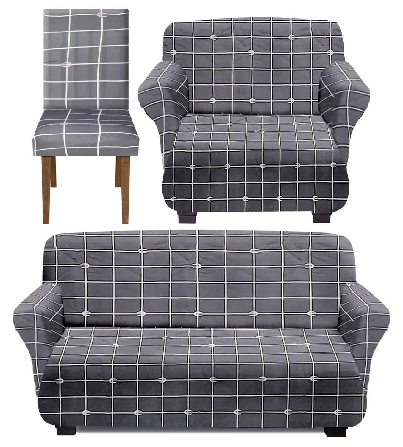 Kuber Industries Check Printed Stretchable, Non-Slip Polyster 1 & 3 Seater Sofa Cover & Chair Cover Set, Set of 3 (Grey)-50KM01451