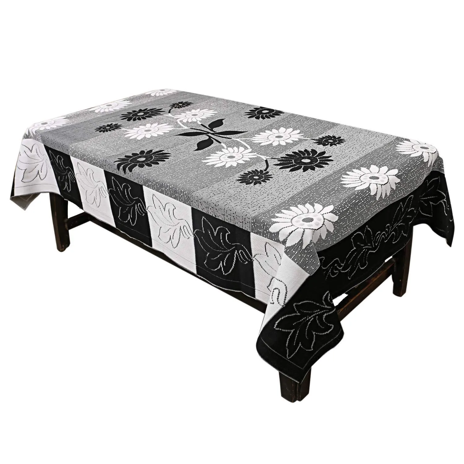 Kuber Industries Cotton 5 Seater Sofa Cover with Center Table Cover|Premium Cotton Fabric & Side Flower Design|Cutting Edge Round Shape, 7 Piece (Black and White)