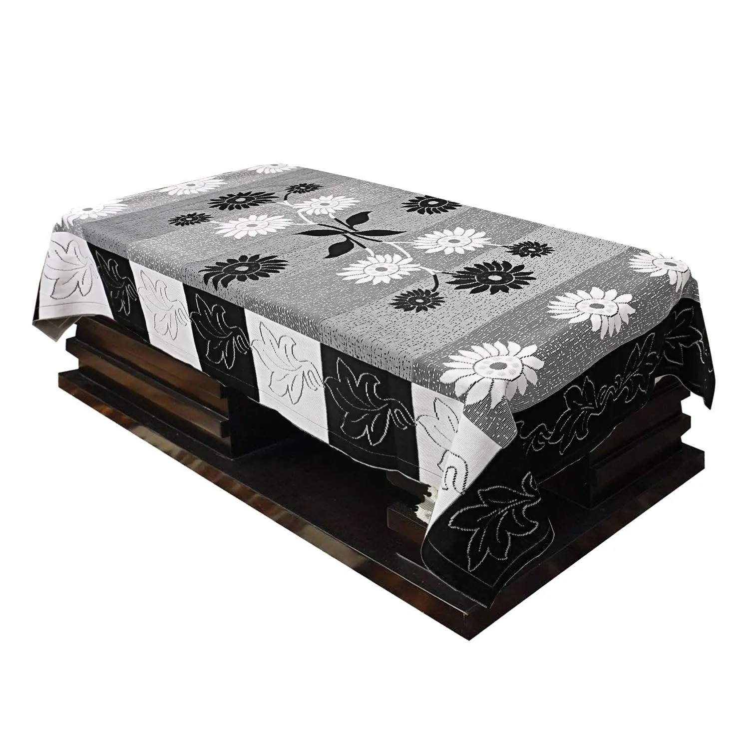 Kuber Industries Cotton 5 Seater Sofa Cover with Center Table Cover|Premium Cotton Fabric & Side Flower Design|Cutting Edge Round Shape, 7 Piece (Black and White)