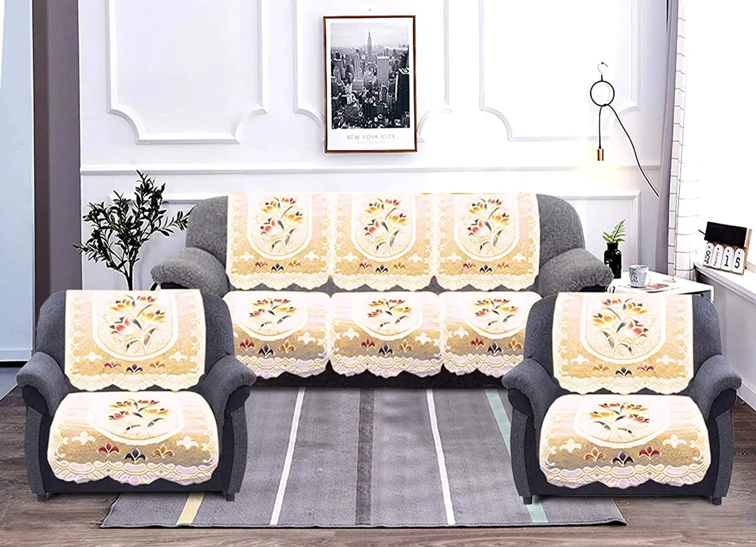 Kuber Industries Cotton Flower Print 5 Seater Slip Sofa Cover Set|Premium Cotton & Flower Print|Pack of 6 (Cream)