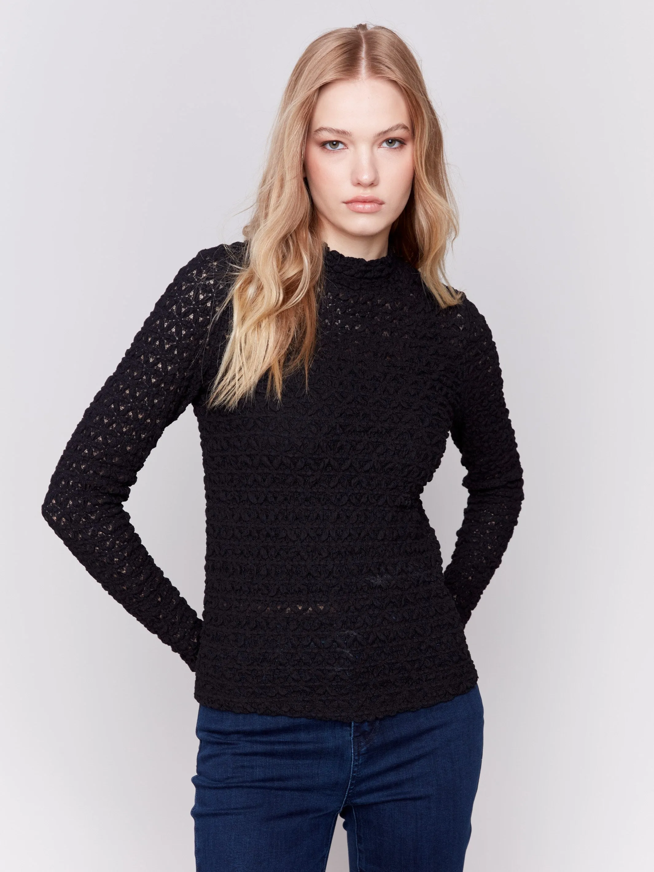 Lace Mock Neck Top - Black