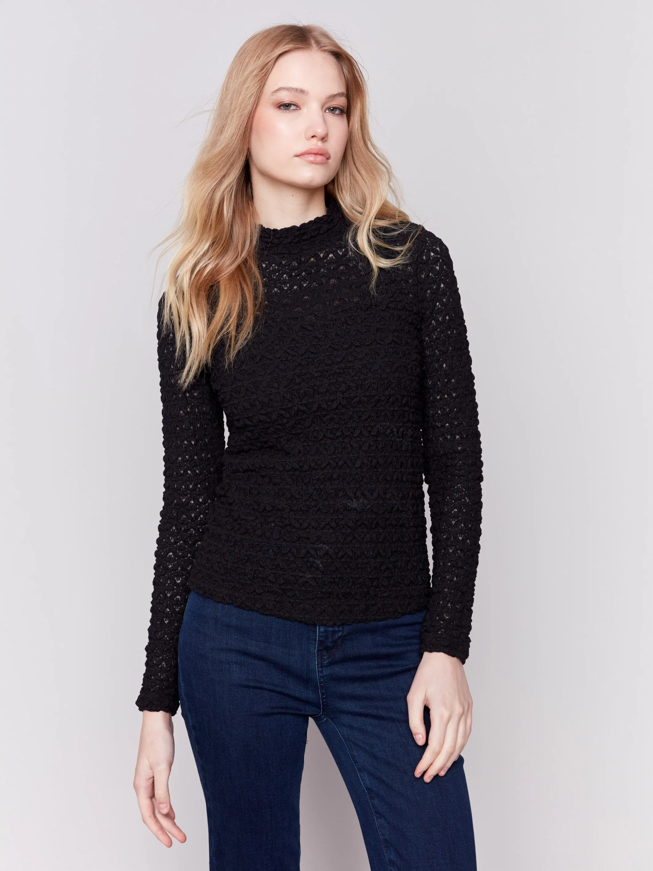 Lace Mock Neck Top - Black