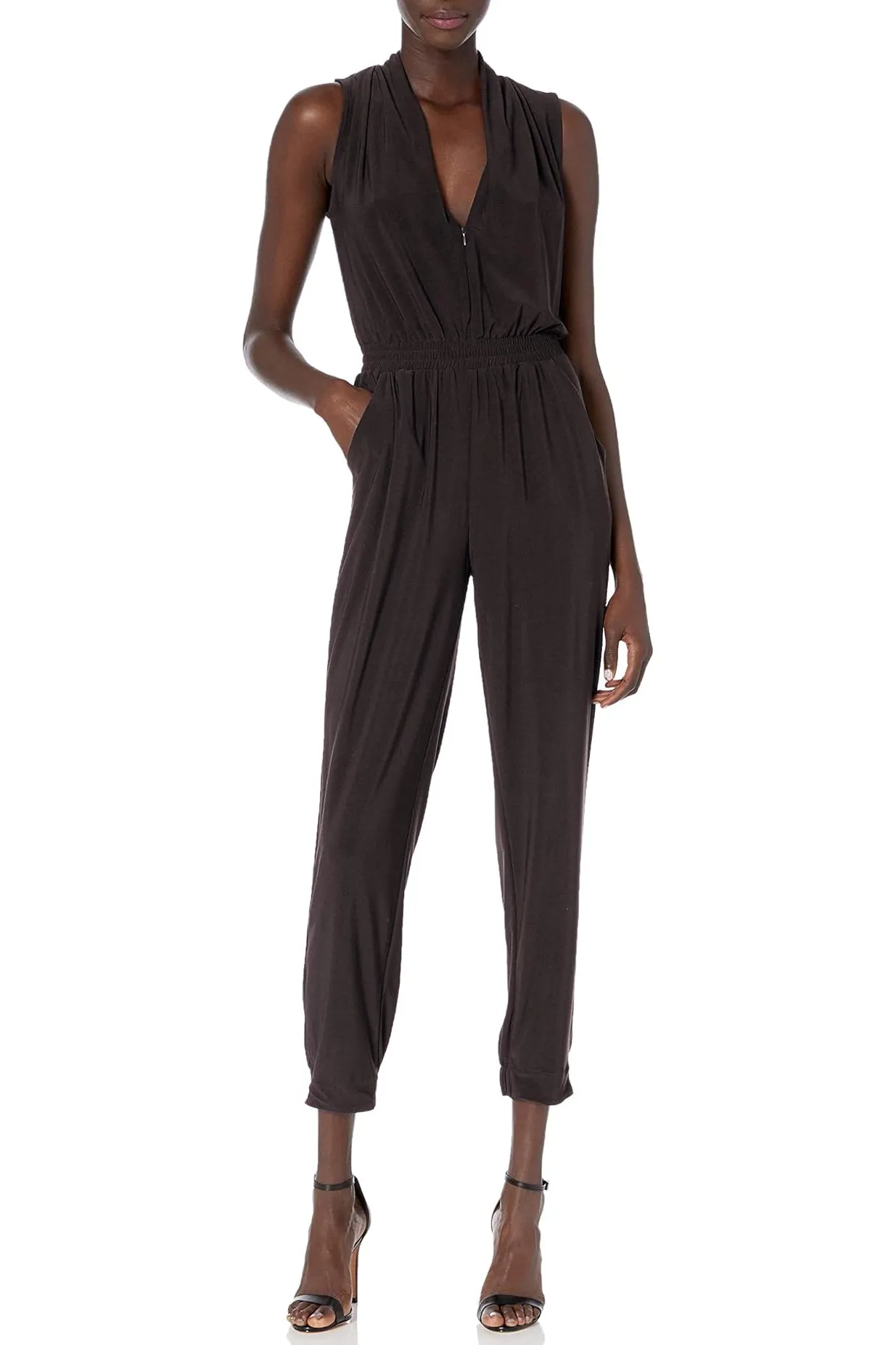 Laundry V-Neck Zipper Front Sleeveless Ruched Solid Jumpsuit