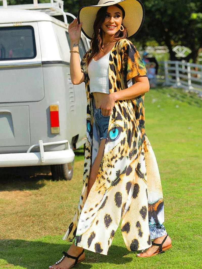 Leopard Print Yellow Leopard Color Polyester Long Length Gown Kimono Duster Robe