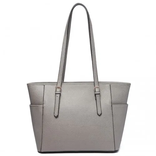 Miss Lulu Grey Faux Leather Adjustable Handle Tote Bag - Stylish & Versatile Women's Handbag