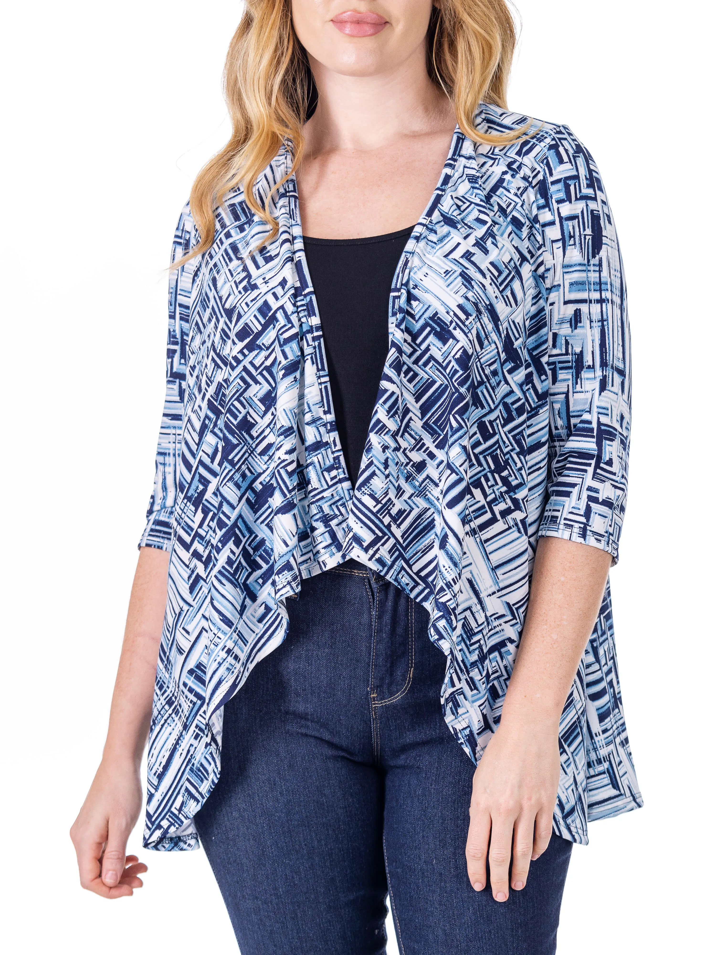 Navy Print Elbow Length Sleeve Open Cardigan