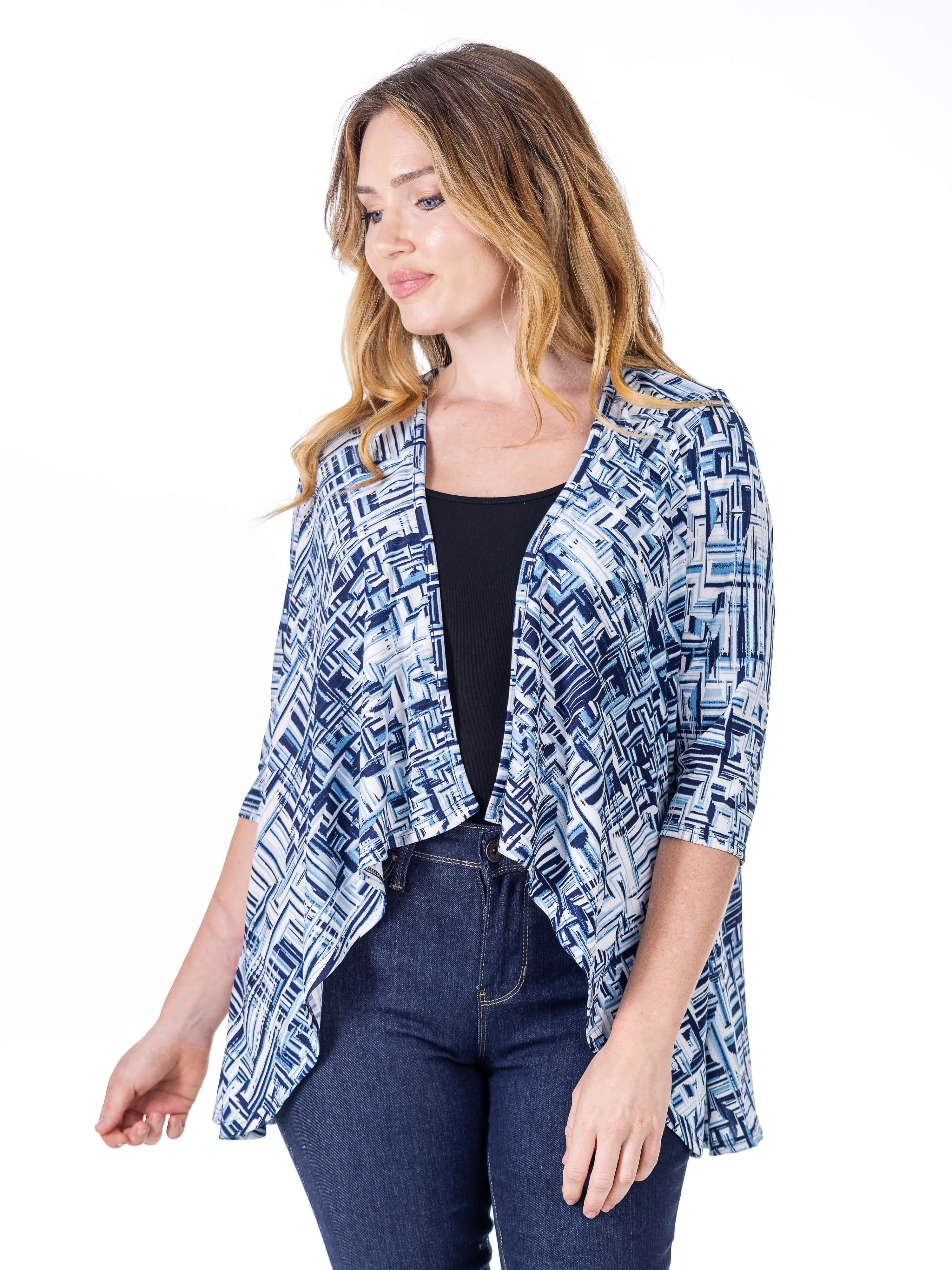 Navy Print Elbow Length Sleeve Open Cardigan