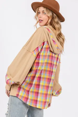 Plaid Print Croissant Washed Hoodie