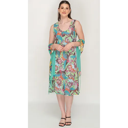 Printed Cyan Color Sleeve Less Semi Long Dress For Women