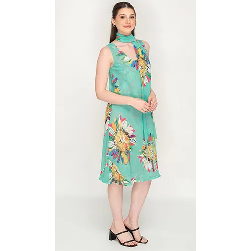 Printed Cyan Color Sleeve Less Semi Long Dress For Women