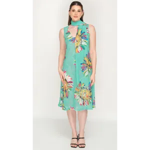 Printed Cyan Color Sleeve Less Semi Long Dress For Women