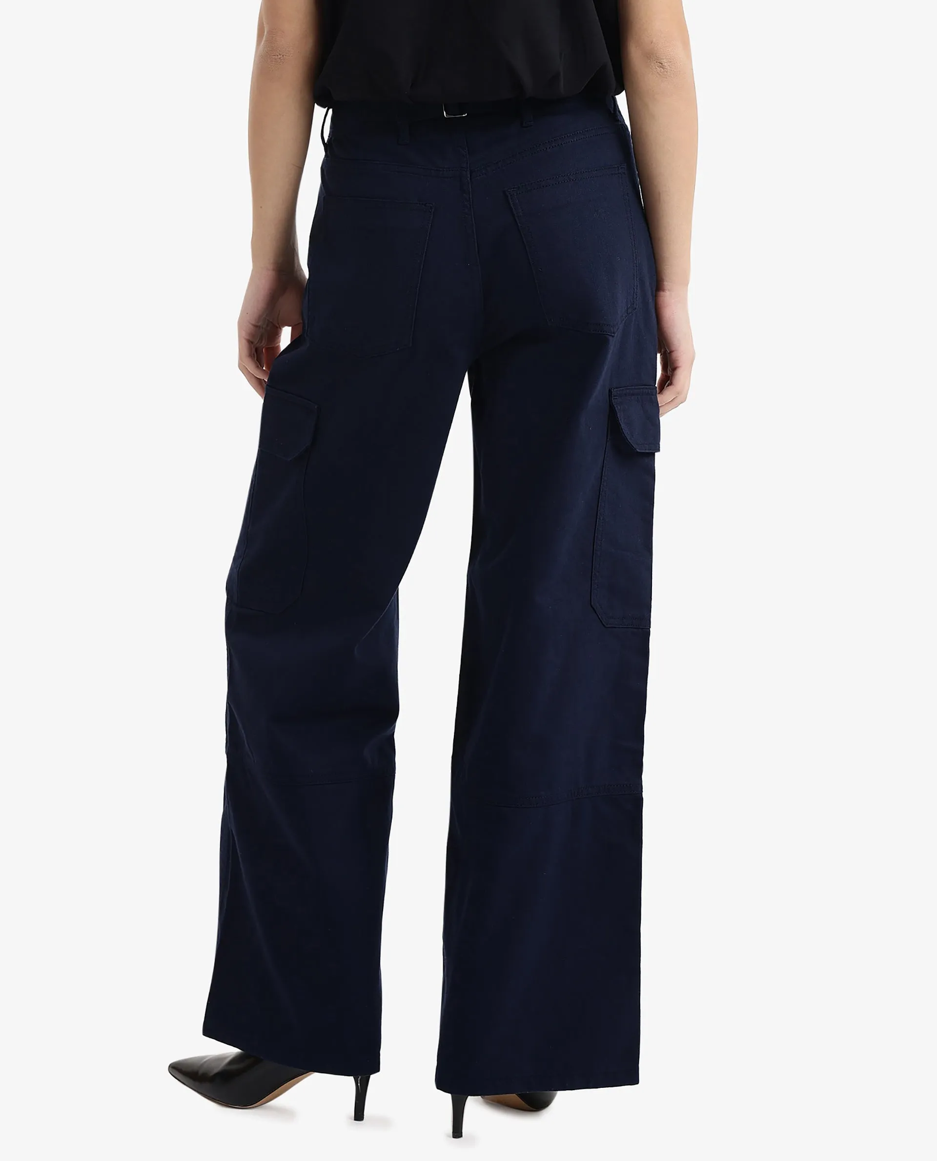 Rareism Women Itsiz Navy Wide Ankle Length Broad Stripes Cargo Trouser