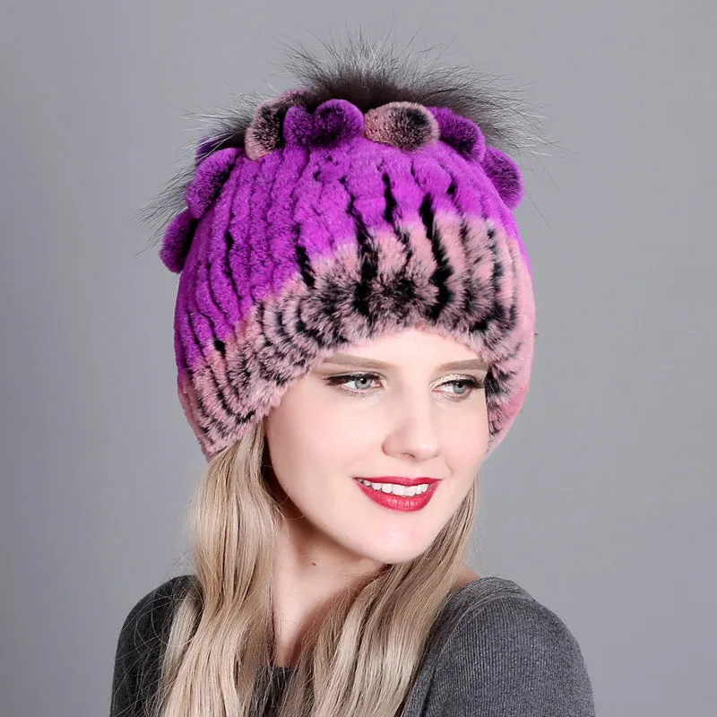 Rex rabbit fur hat warm thickening autumn and winter warm female colorful knitted hat