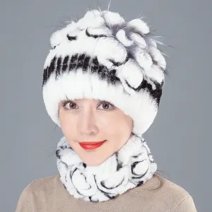 Rex Rabbit Fur Hat Women Winter Thickened Warm Ear Protection Fleece Hat Scarf Two Piece