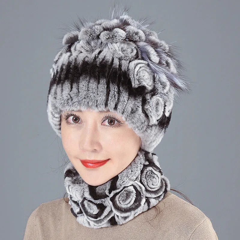 Rex Rabbit Fur Hat Women Winter Thickened Warm Ear Protection Fleece Hat Scarf Two Piece