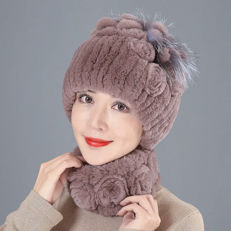 Rex Rabbit Fur Hat Women Winter Thickened Warm Ear Protection Fleece Hat Scarf Two Piece