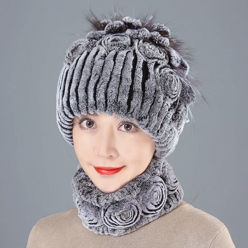 Rex Rabbit Fur Hat Women Winter Thickened Warm Ear Protection Fleece Hat Scarf Two Piece