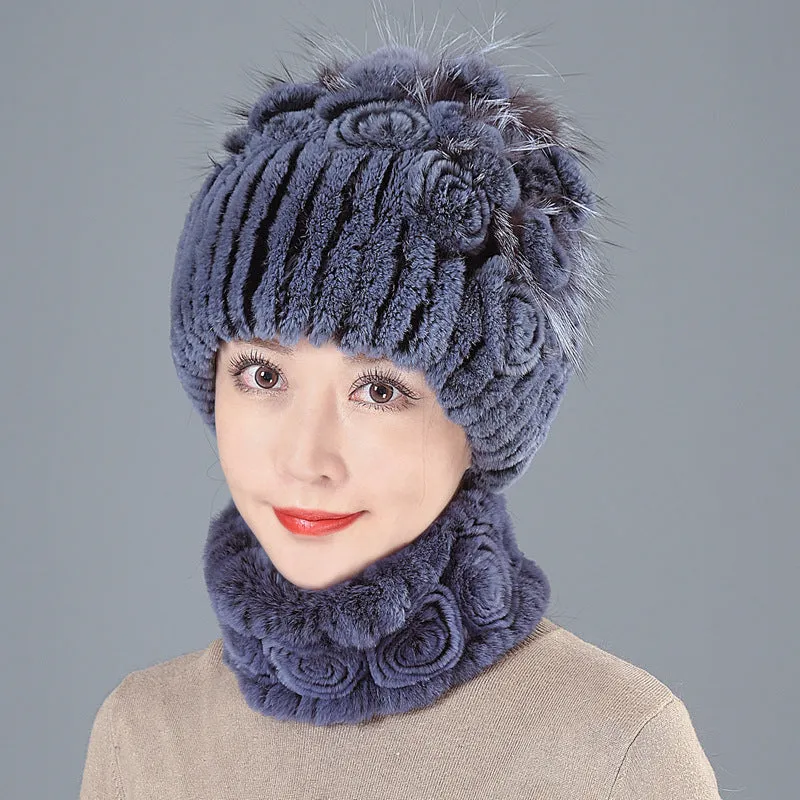 Rex Rabbit Fur Hat Women Winter Thickened Warm Ear Protection Fleece Hat Scarf Two Piece