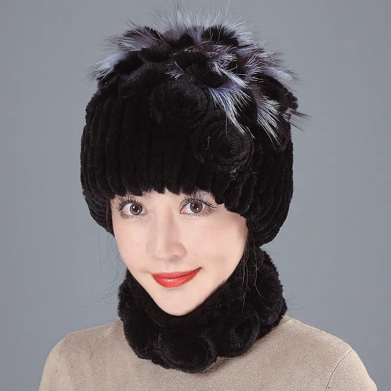 Rex Rabbit Fur Hat Women Winter Thickened Warm Ear Protection Fleece Hat Scarf Two Piece