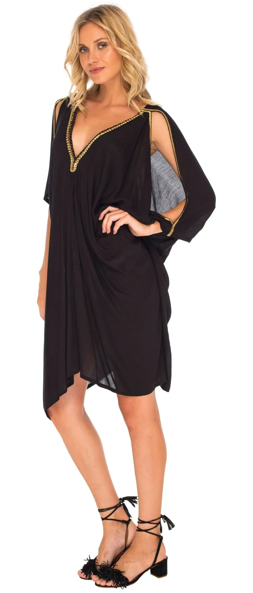 SHU-SHI Women's Kaftan Cover-Up Short Dress with Cold Shoulder & Gold Beads, V-Neck