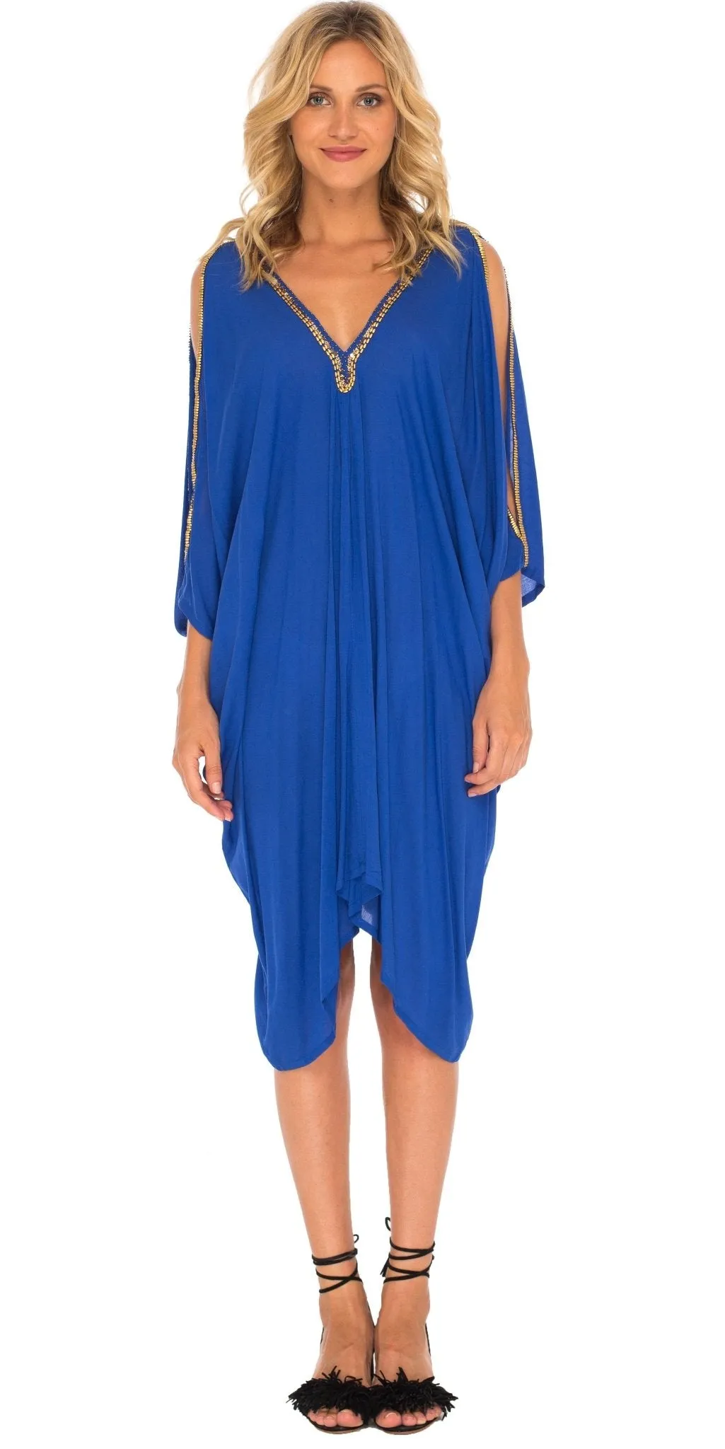 SHU-SHI Women's Kaftan Cover-Up Short Dress with Cold Shoulder & Gold Beads, V-Neck